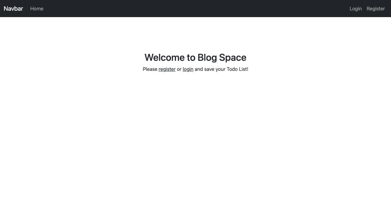 BlogTodo's home page: a dark navigation bar with Home, Login and Register, and the heading “Welcome to Blog Space” over “Please register or login and save your Todo List!”