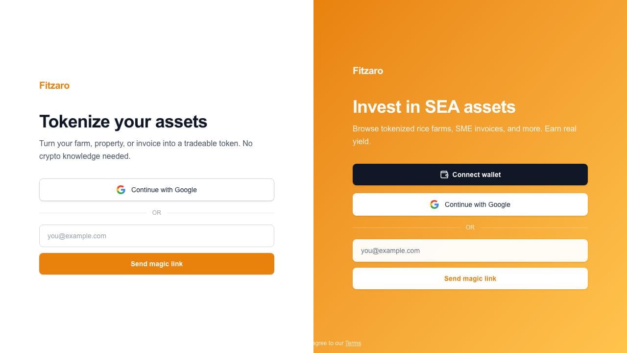 Fitzaro's sign-in page: “Tokenize your assets” for asset owners on the left, with Google and email sign-in, and “Invest in SEA assets” for investors on the right, with Connect wallet.